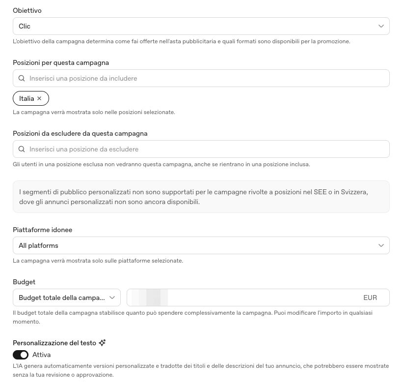 Setting up a Clicks campaign in Ads Manager: geographic positions, platforms, budget and text personalisation.