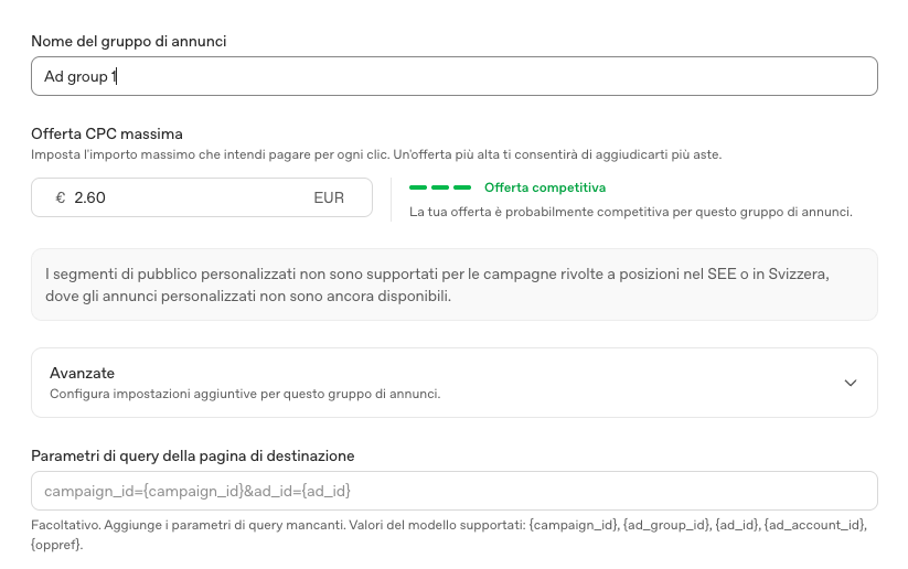 The ad group: maximum CPC bid with a competitiveness indicator and landing page query parameters.