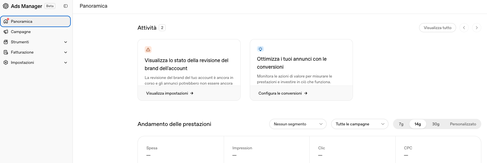 The Ads Manager overview: account activities and the trend of spend, impressions, clicks and CPC.