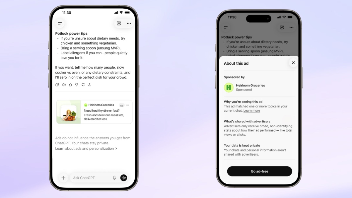 The panel explaining why an ad appeared, what is shared with the advertiser and how to switch to the ads-free experience. Source: OpenAI